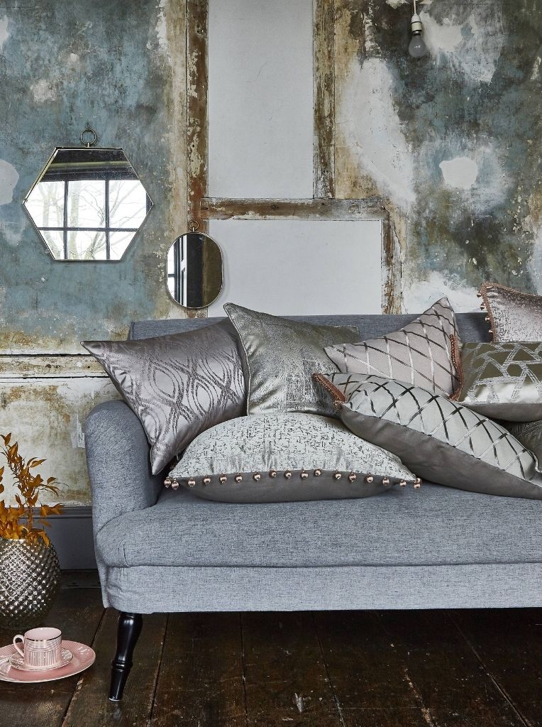 Metallic cushions on a sofa