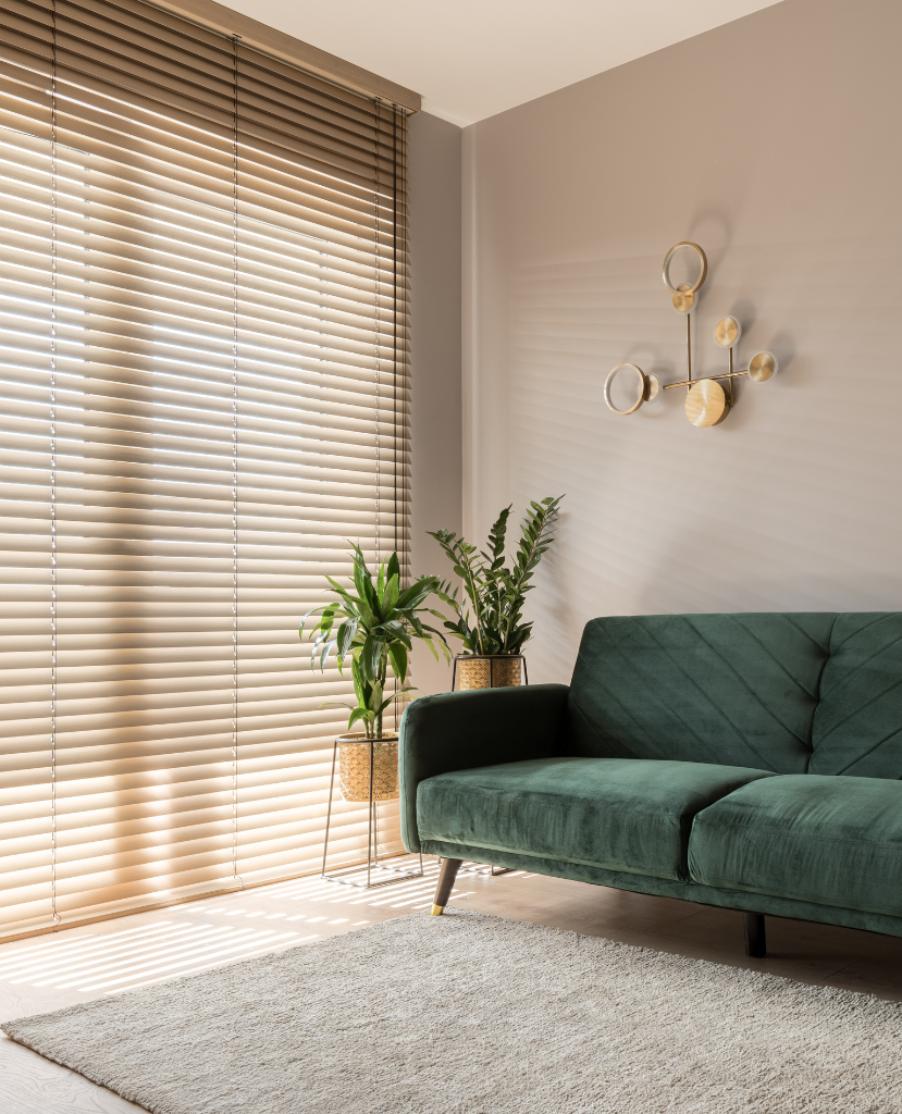 Light steaming through wooden blinds to illuminate a soft green sofa with a textured rug. 