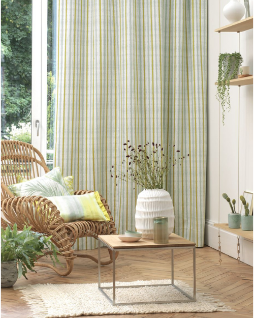 Striped curtain in small living room.