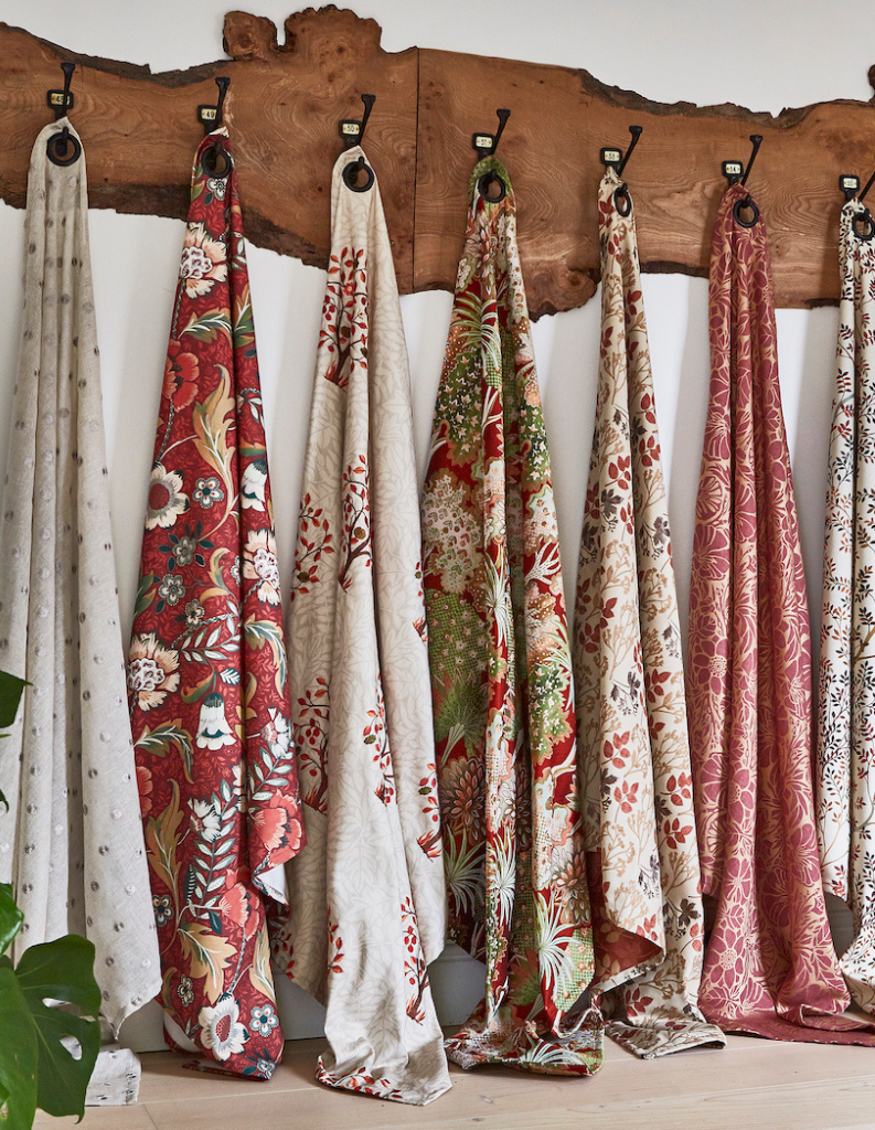 A selection of heritage fabrics on a wall display. 