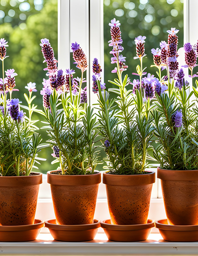Pretty potted flowers on a windowsill. 