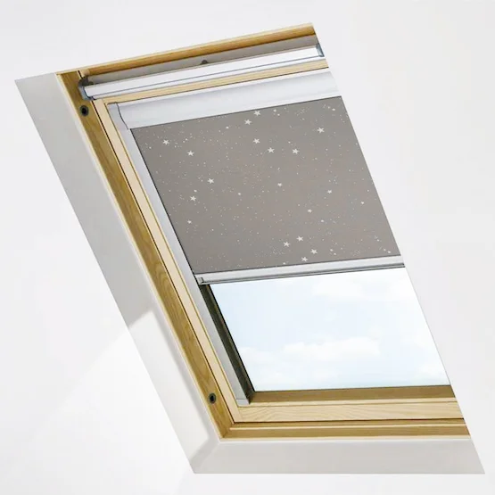 Greige roof blind with starts pattern.