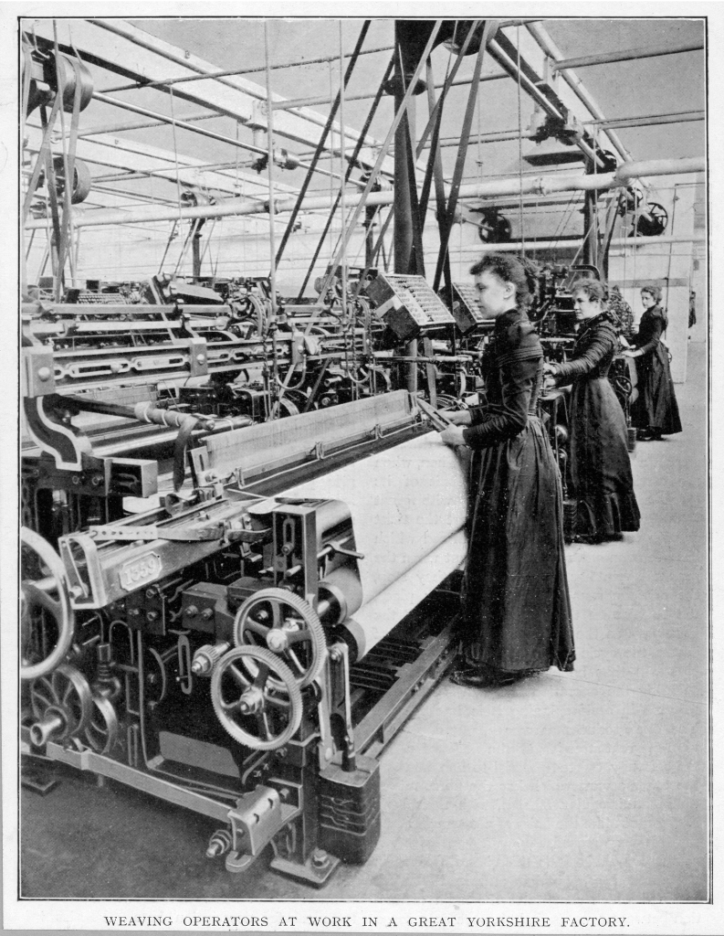 A historical image of women working with textiles in a Yorkshire factory.