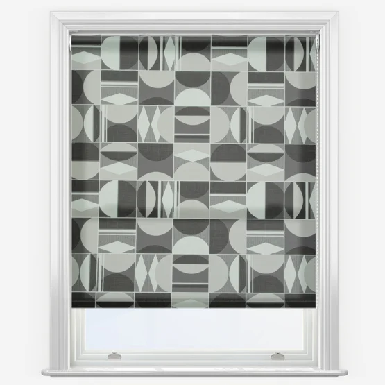 Black and grey patterned roller blind.
