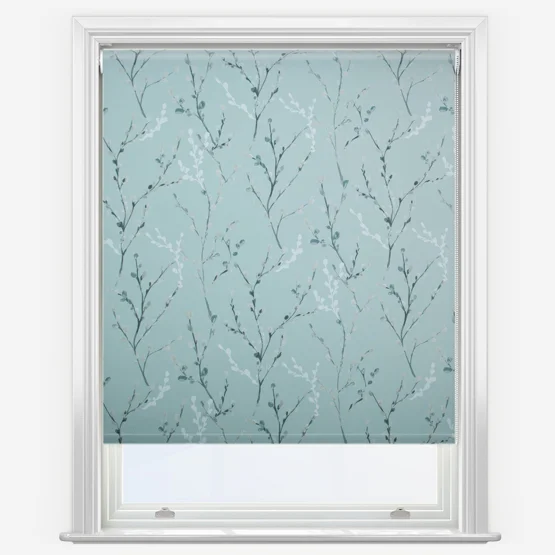 Louvolite blind in light blue with floral pattern.