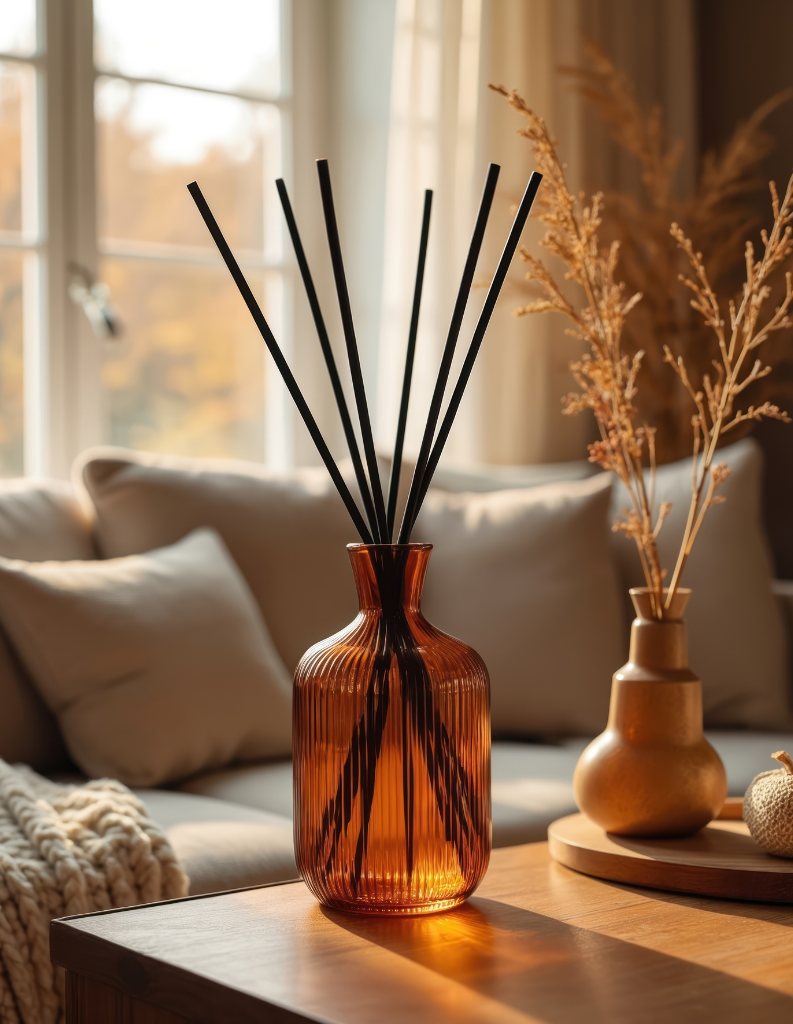 autumnal scented diffuser on coffee table in living room.