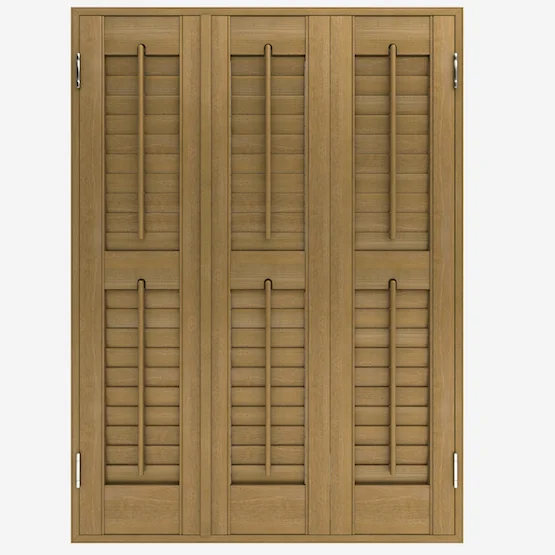 Warm oak wood shutter blinds.