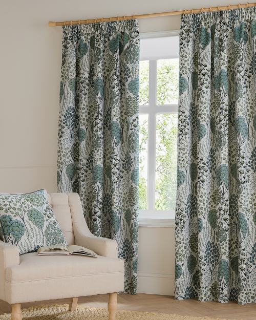 Patterned ready made curtain in living room.