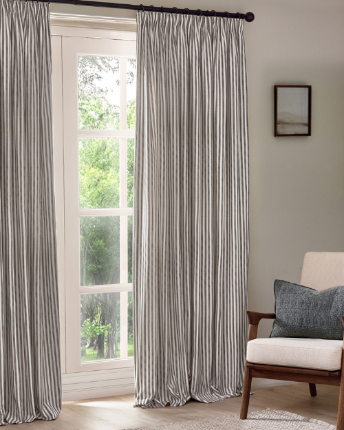 Stripped ready made curtain in living room.