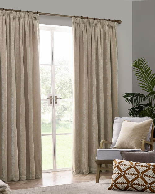 Cream ready made curtain in living room.