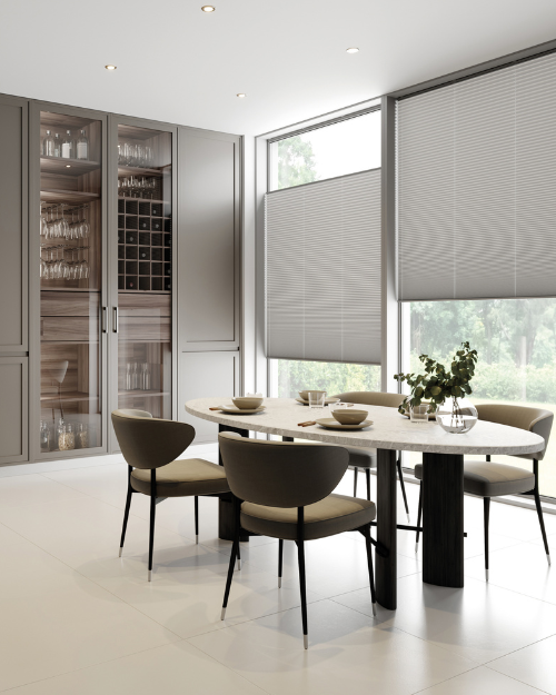 Energy efficient blinds in dining room.