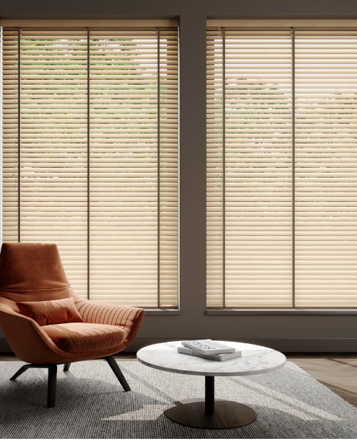 Wooden Venetian blinds in living room.